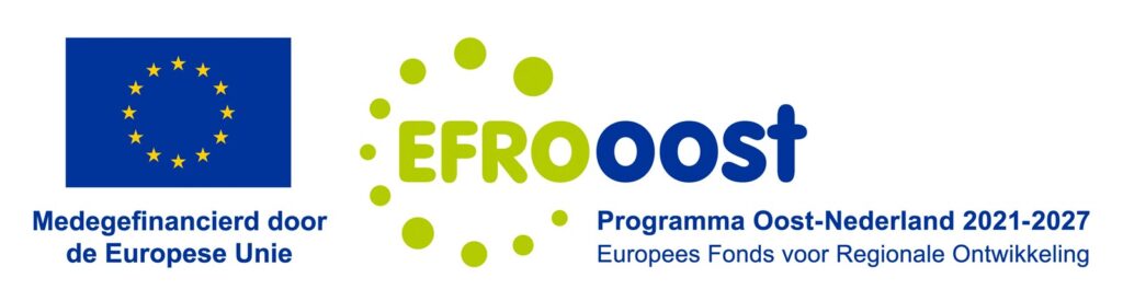 Logo EFRO Oost, medegefinancierd door de Europese Unie, Programma Oost-Nederland 2021-2027, Europees Fonds voor Regionale Ontwikkeling